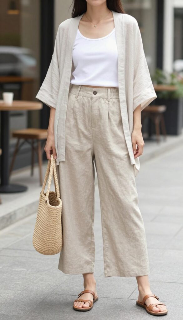 A woman wearing high-waisted wide-leg pants and a cropped tank in a casual boho outfit, styled with flat sandals and accessories, standing in natural light for effortless fashion.