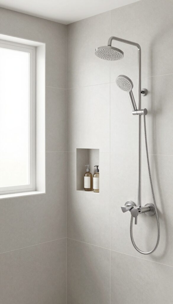 Two modern shower heads mounted side by side on one wall in a bright, tiled shower with a recessed niche for toiletries.