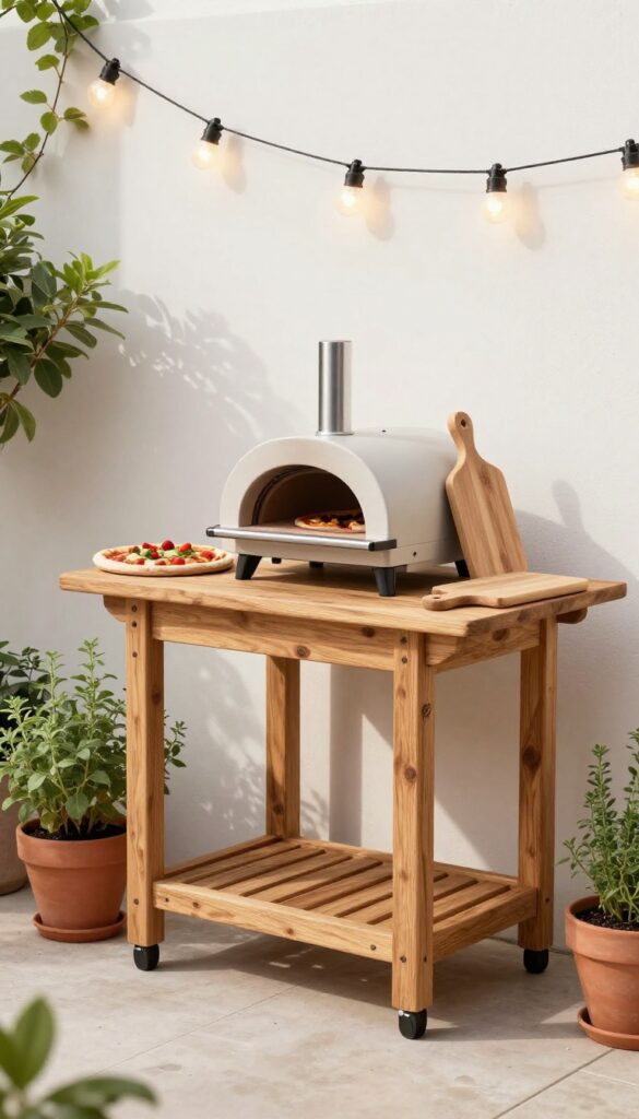 Cozy outdoor pizza oven nook with portable oven on cart, prep table with toppings and peel, string lights, and herb pots.