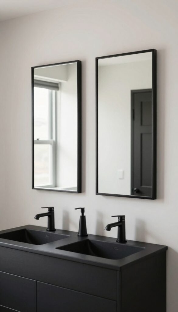 A bathroom vanity with two black framed rectangular mirrors above a double sink, showcasing bold style and instant definition in a neutral setting.
