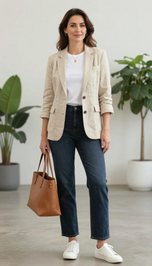 A woman wearing a linen blazer with a white tee and dark jeans for a casual office summer outfit, styled with minimalist sneakers and a leather tote.