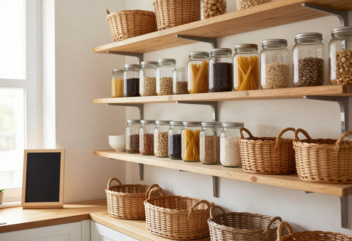 Elegant kitchen pantry with open shelving, glass jars, and woven baskets in warm natural light.