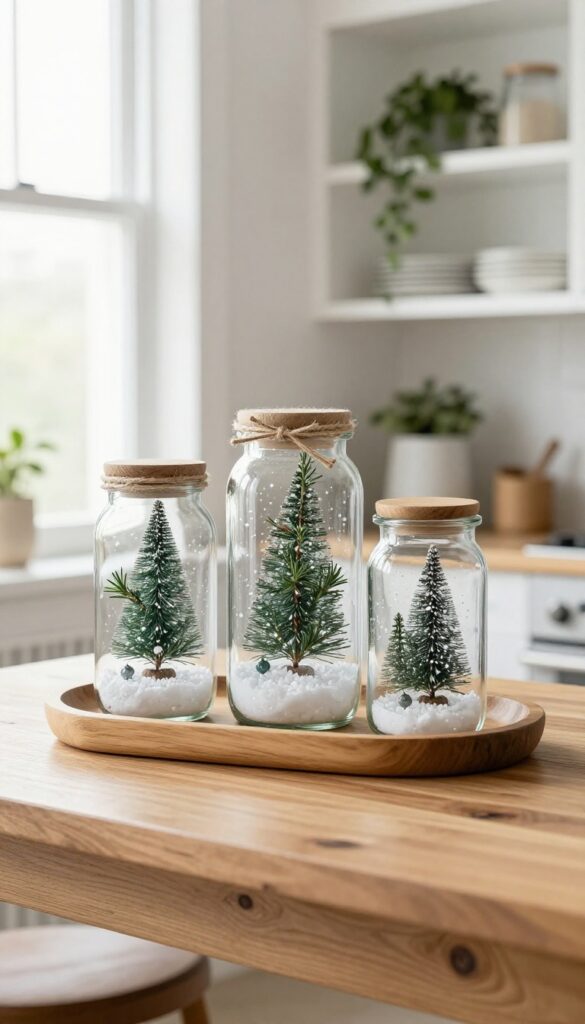 Three clear glass jars as snow globes on a wooden tray on a kitchen island, filled with fake snow and mini trees.