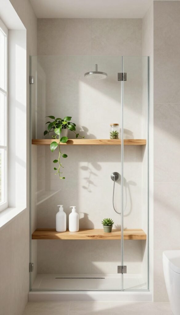 Floating wooden shelves beside a glass shower in a small bathroom with plants and bottles