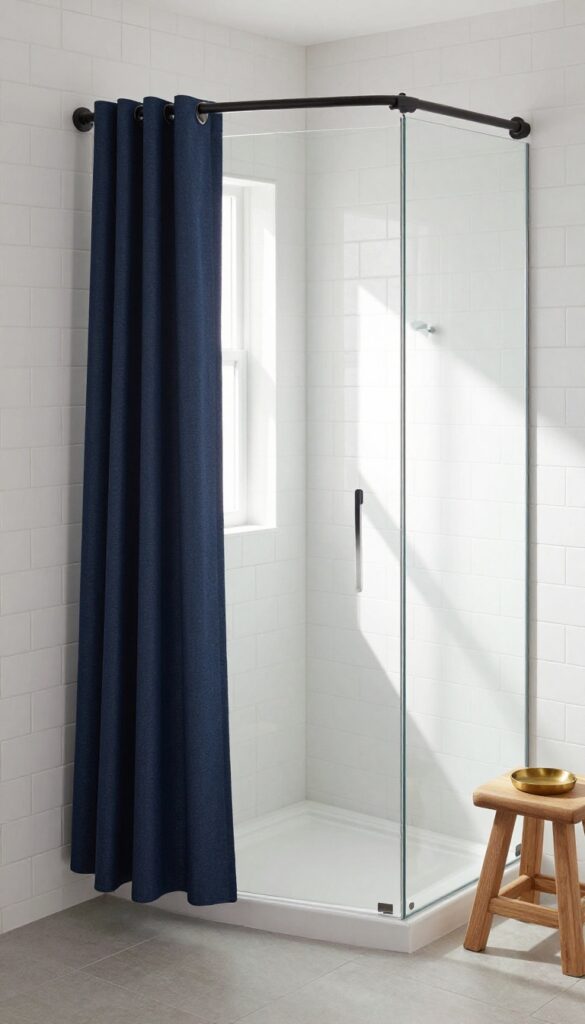 Dark navy shower curtain outside glass door in bright white tiled bathroom with wood accents and natural light