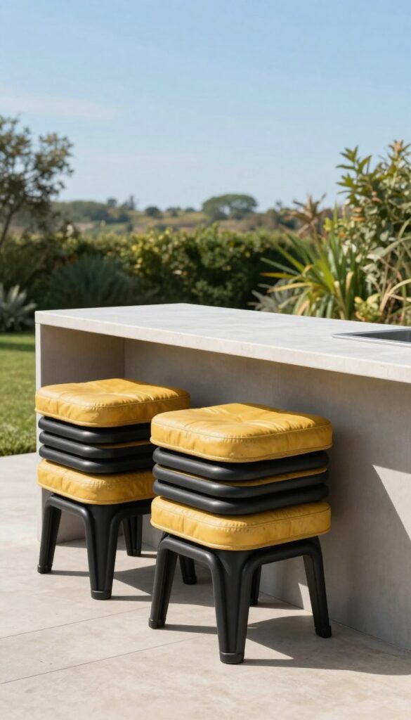 Outdoor kitchen with stackable stools in matte black and mustard yellow cushions