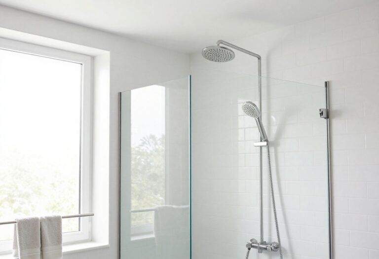 Modern bathroom with double head shower featuring rainfall and handheld fixtures
