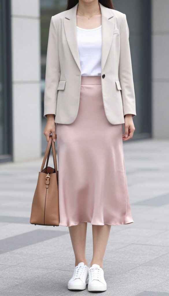 A woman wearing a satin skirt with a blazer and sneakers, styled in a modern outfit for summer, featuring a pastel skirt, neutral blazer, white sneakers, and minimal accessories in a bright urban setting.