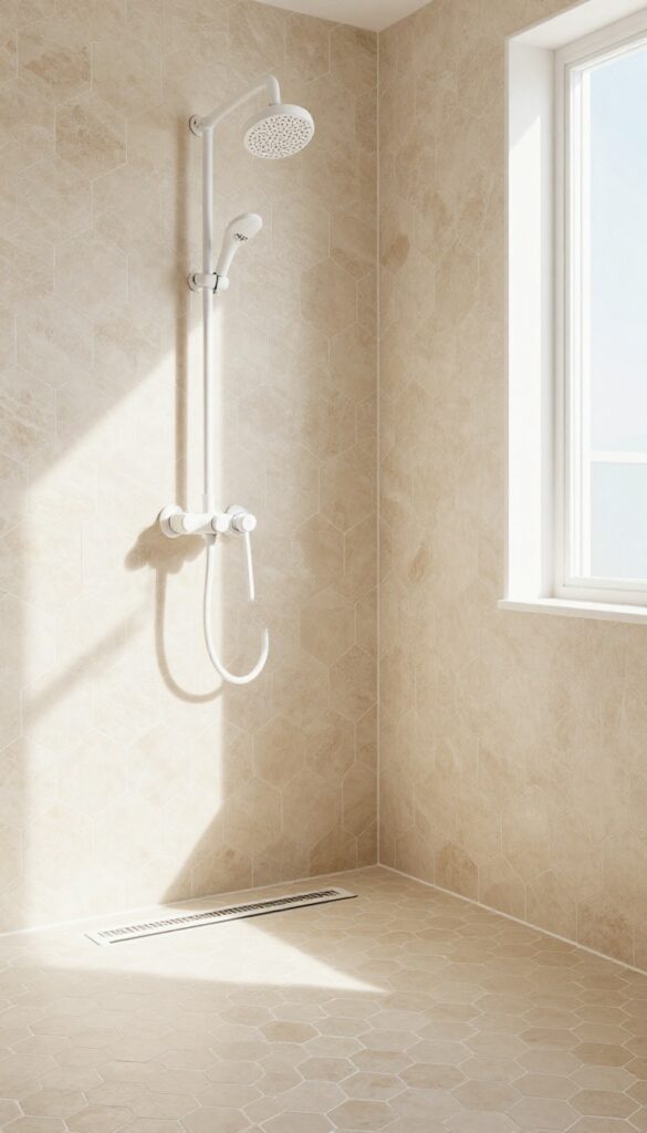 Sandy beige hexagon tiles in a shower, creating a warm coastal look with white fixtures