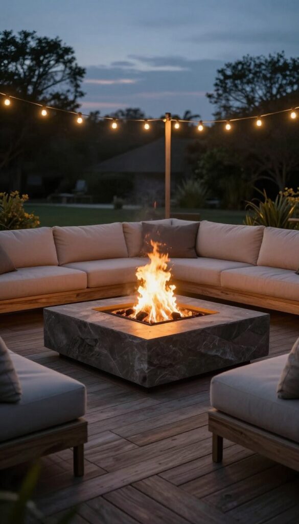 Cozy deck with stone fire pit surrounded by comfortable seating at dusk