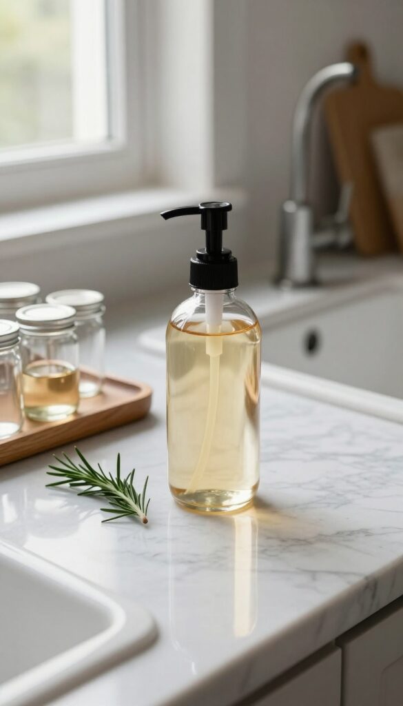 Clear glass apothecary bottle with pump dispenser on marble countertop, surrounded by small glass jars and fresh rosemary, in a bright kitchen with farmhouse sink.