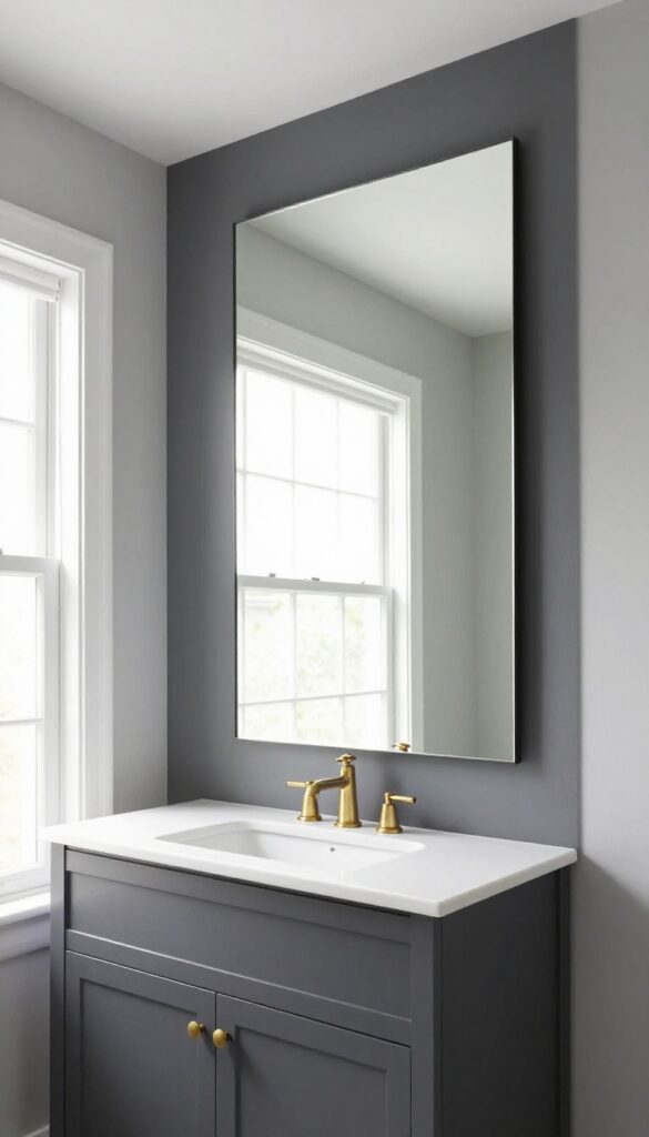 A calm and clean bathroom with a dark gray accent wall behind the vanity, showcasing brushed brass fixtures and natural lighting