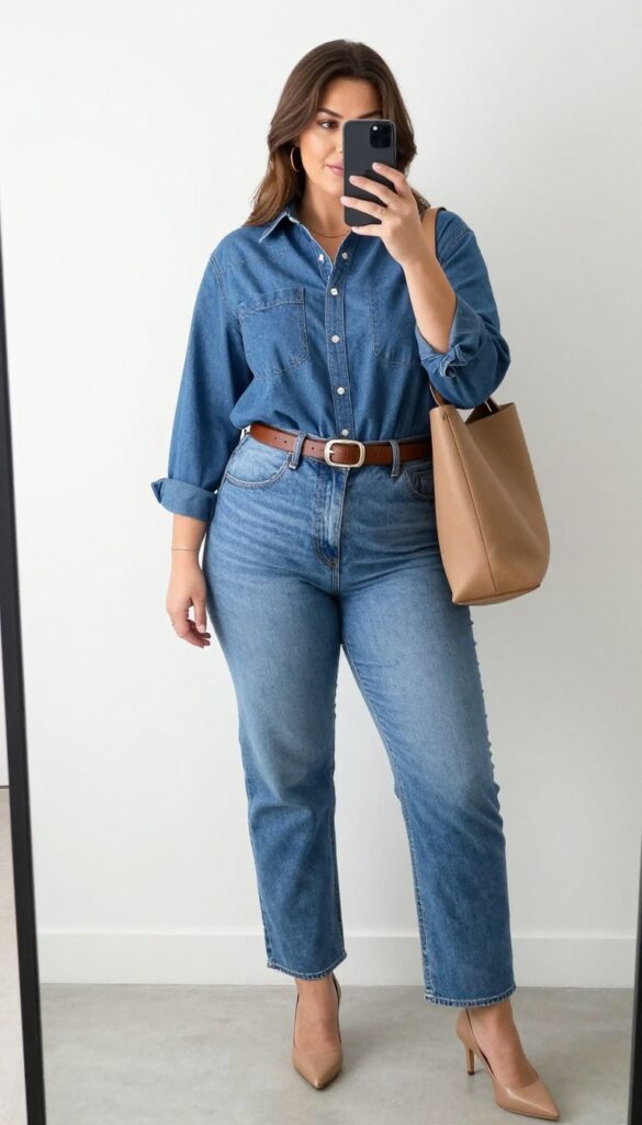 Plus-size woman in denim-on-denim outfit with light wash jeans and medium blue shirt, half-tucked with belt, nude heels and tan structured bag, taking a mirror selfie in bright natural light