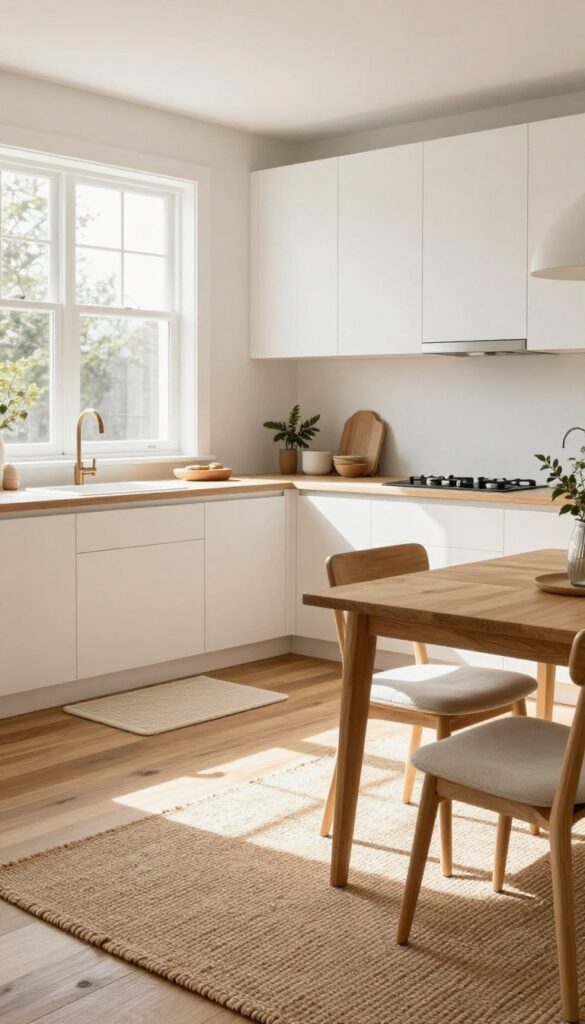 Bright kitchen with woven jute rug under dining table and cushioned mat near sink