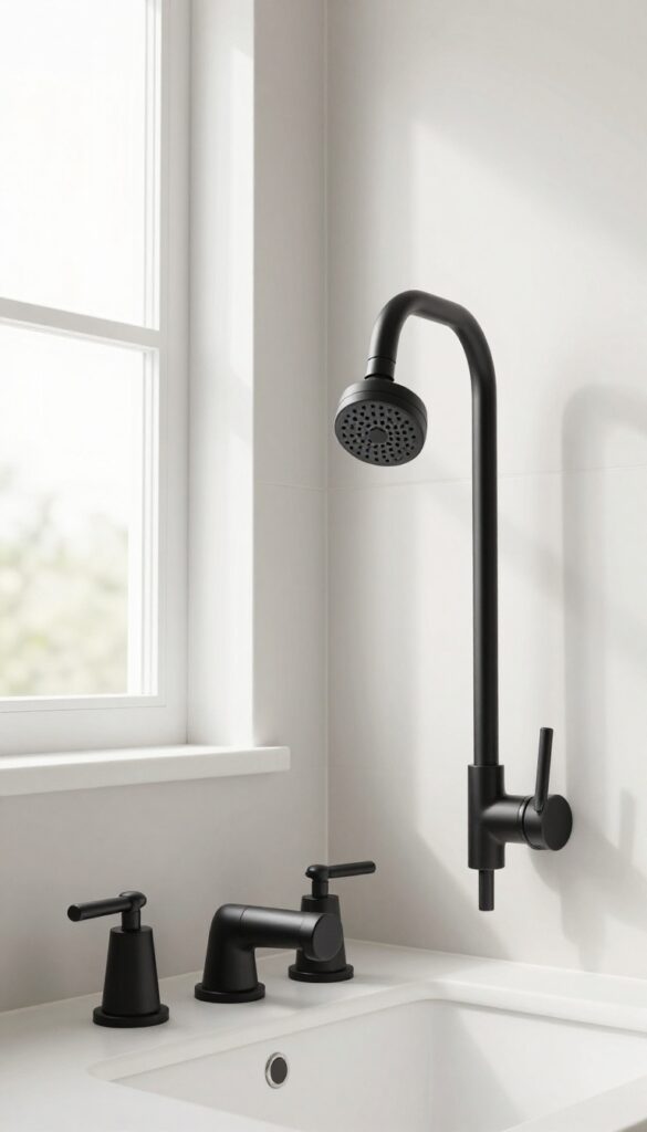 Modern bathroom with matte black fixtures contrasting against light surfaces in bright natural light.