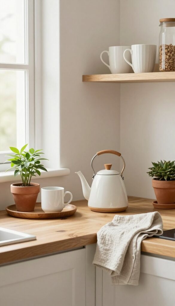 Cozy coffee station in a bright kitchen corner with kettle, mugs, and plant