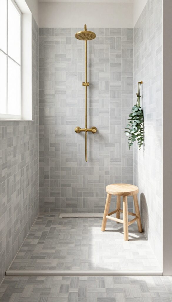 Grey and white basketweave tile shower with brass fixtures and natural light