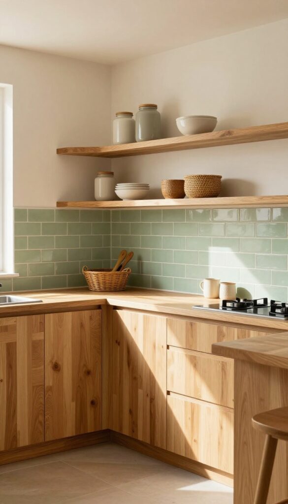 Warm wood accents in a bright kitchen with cream walls and green tiles