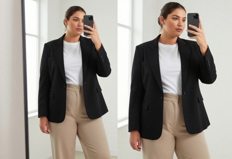 Plus-size woman in a black blazer and beige high-waisted trousers taking a mirror selfie in a bright, minimalist room.