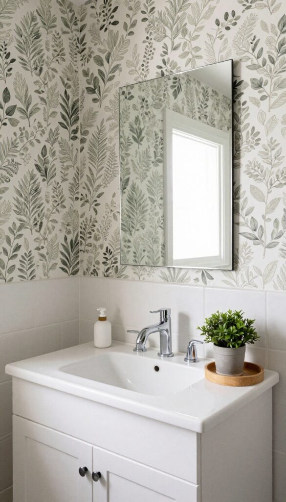 Guest bathroom with soft botanical wallpaper on the vanity wall, featuring muted green leaf patterns that add warmth and natural movement to the space. Includes a porcelain sink, chrome fixtures, simple mirror, wood tray with small plant.