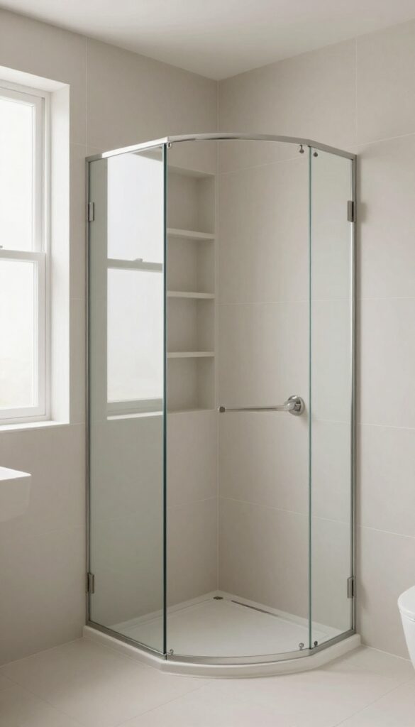 A corner walk-in shower in a small bathroom with natural light, curbless tile design, and recessed shelving for storage.