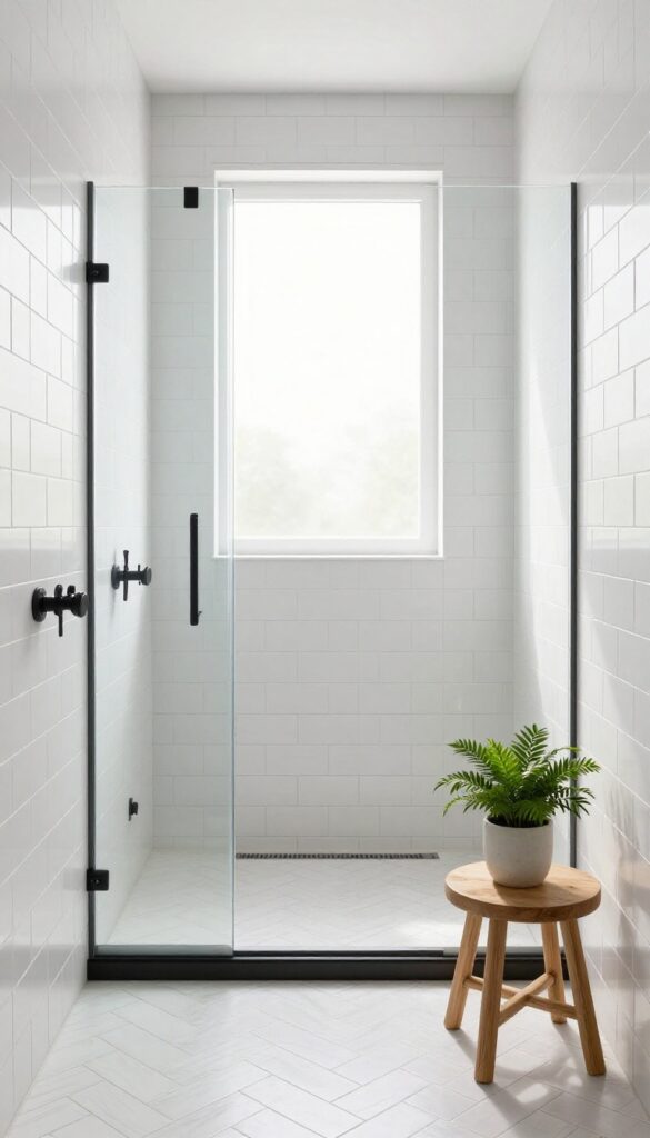 Modern shower with white subway tile herringbone floor, frameless glass enclosure, matte black fixtures, teak stool, and plant.