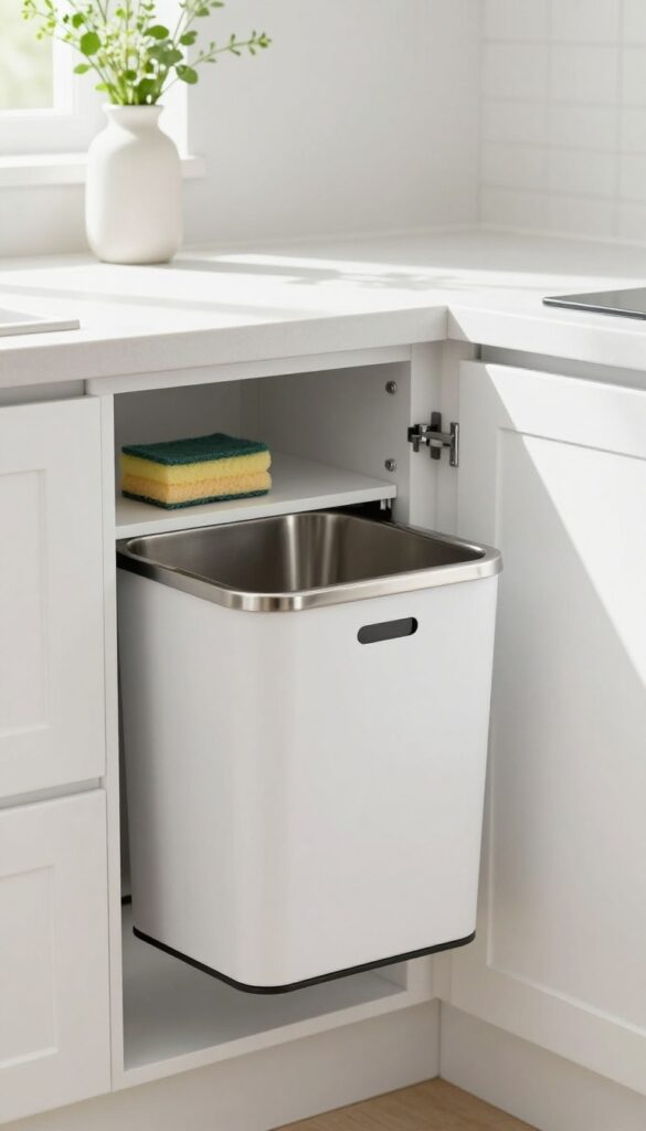 Slim pull-out trash bin inside a white kitchen cabinet, partially extended, with a shelf above for cleaning supplies, bright natural light.