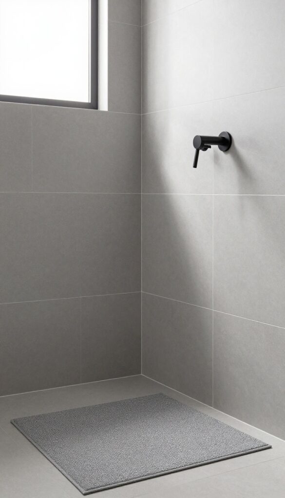 Modern shower stall with large-format gray tiles and minimal grout lines, featuring natural light and simple fixtures.