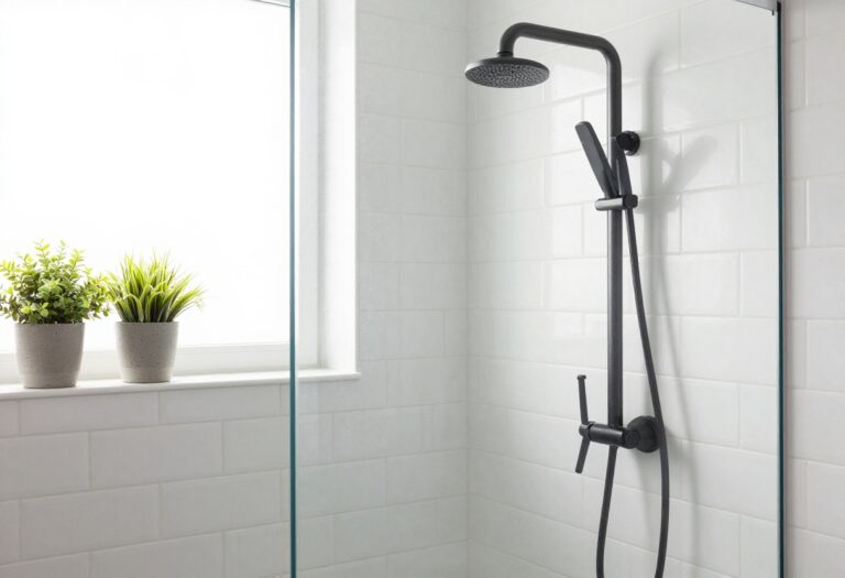 Modern bathroom shower with matte black faucet and white subway tile