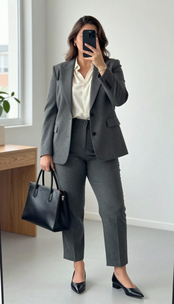 Plus-size woman in a tailored charcoal blazer and straight-leg trousers taking a mirror selfie, holding a structured tote bag, with bright natural light and minimalist office setting.