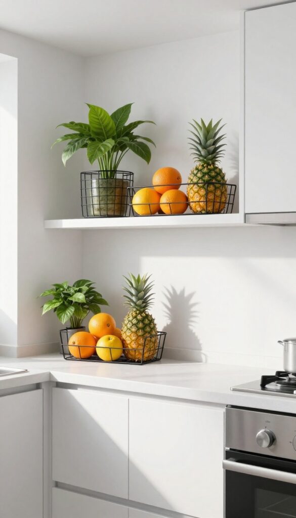 Tiered metal baskets above kitchen cabinets holding plants and fruit