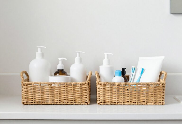 An organized college bathroom countertop with matching storage baskets holding toiletries, showcasing a tidy and intentional decor setup in natural light.