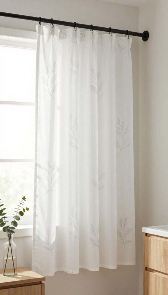 Organic cotton shower curtain with hand-drawn leaf motif in a bright, minimalist bathroom.