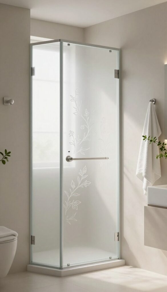 A custom frosted glass shower door with floral patterns in a bright, neutral-toned bathroom, showcasing personalized design for privacy and style.