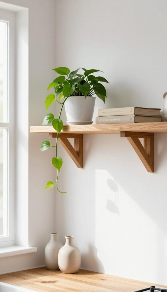 Warm wooden floating shelf above kitchen door with pothos plant, cookbooks, and ceramic vase