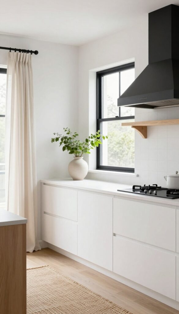 White kitchen with light wood shelves and black accents