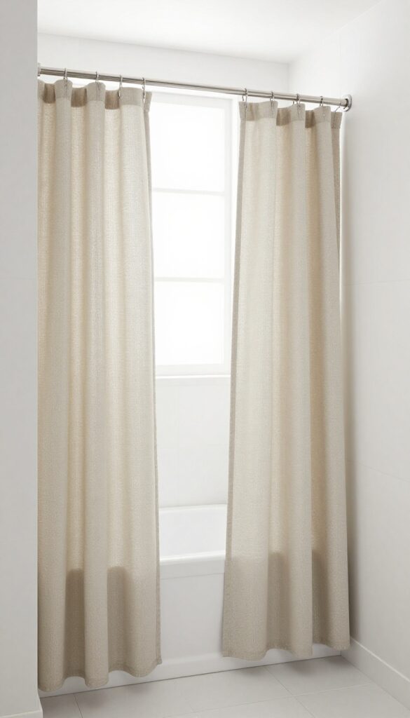 A clean bathroom with a double shower curtain: an inner plastic liner and an outer fabric curtain in neutral waffle weave texture, enhancing the design in natural light.