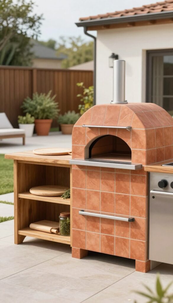 Compact pizza oven nook with tile surround and prep counter in modern backyard