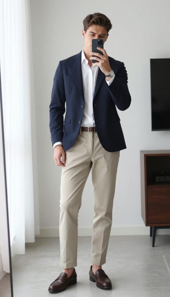 A male model takes a mirror selfie wearing a navy blazer, white button-down shirt, beige chinos, and brown loafers in a bright office setting.