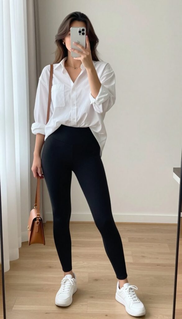 Midsize woman in oversized white button-up shirt and black leggings, taking a mirror selfie, showcasing a casual yet polished outfit.