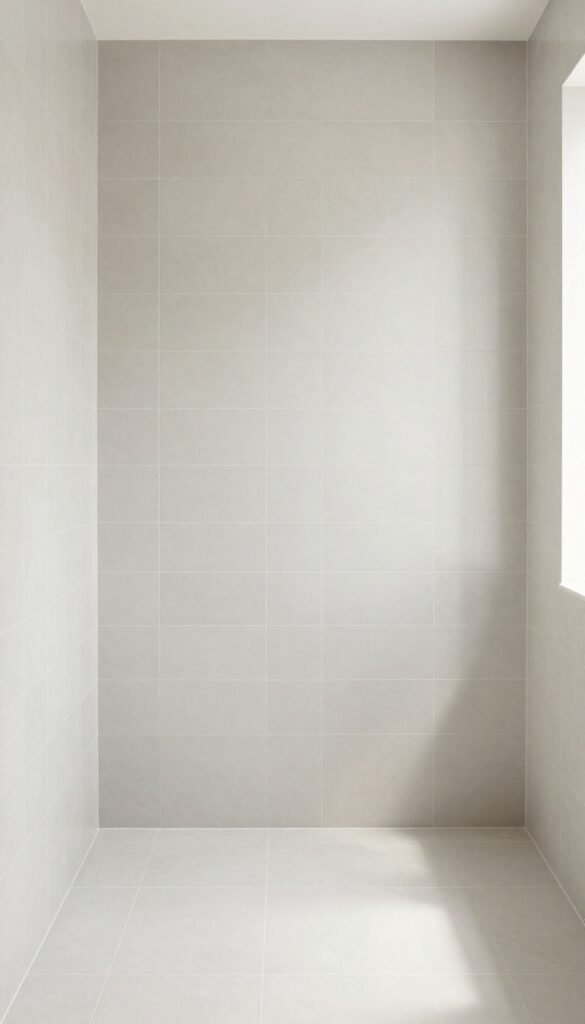 A small walk-in shower bathroom with floor-to-ceiling tile in bright natural light, featuring large tiles and a darker accent wall for a polished, cohesive design.