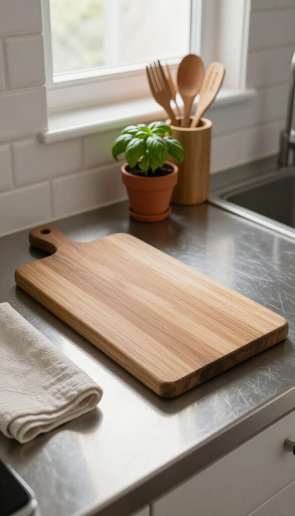 Brushed stainless steel countertop in a small kitchen with wood cutting board, cream towel, basil plant, and wooden utensils.