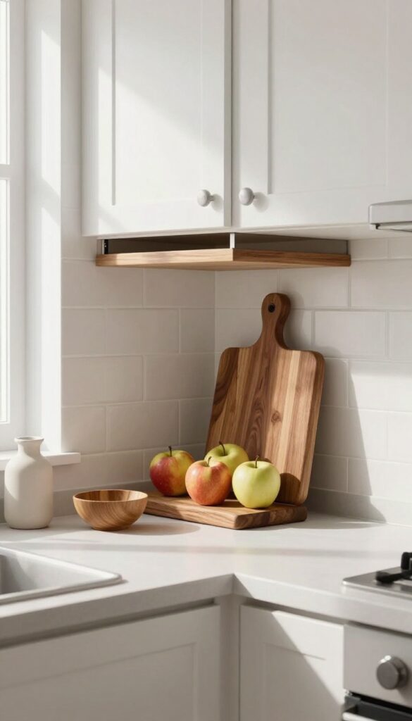 Pull-out cutting board platform under upper cabinet in small kitchen