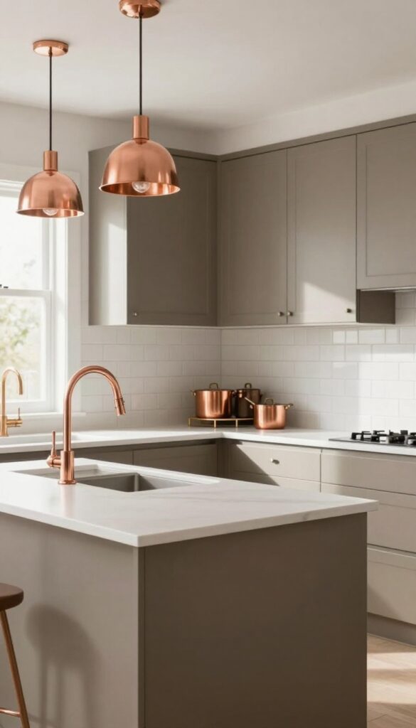 Taupe kitchen with white countertops and copper accents