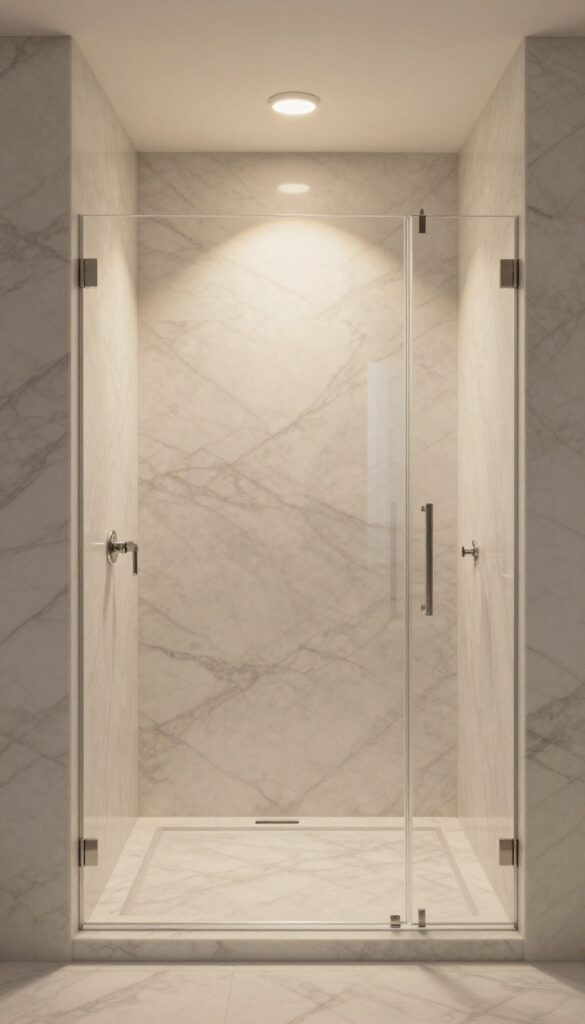 A marble walk-in shower with recessed ceiling lights and wall sconces creating a layered lighting effect that enhances the stone's texture and adds a spa-like ambiance.