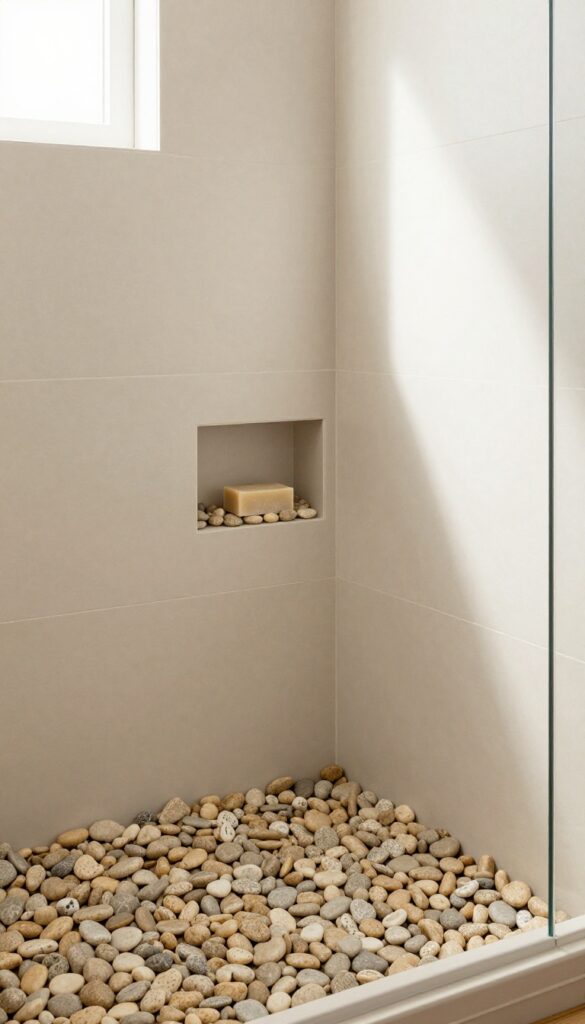 Pebble-framed soap dish recess in a shower with pebble floor and cream tiles