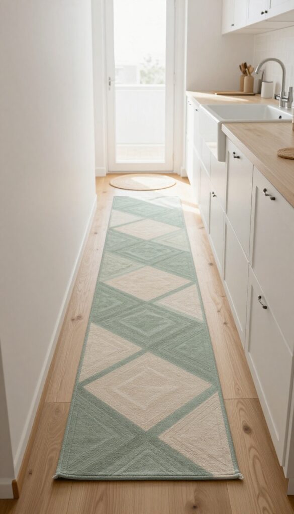 Parallel kitchen with a long runner down the center walkway and a small mat in front of the sink, defining zones with soft texture and pattern.