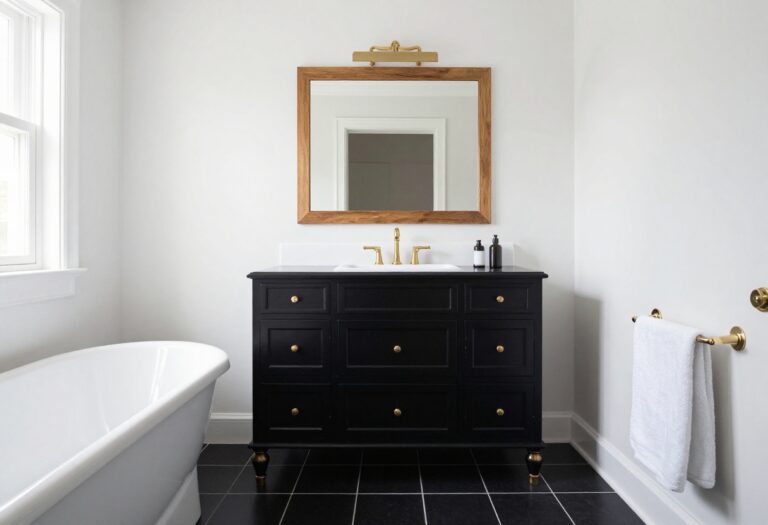 A timeless black and white bathroom with classic black floor tiles and white walls, featuring a black vanity with brass hardware and wood accents in bright natural light.