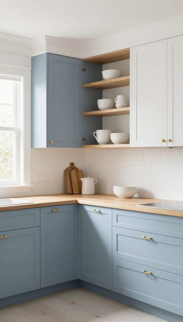 Kitchen with dusty blue lower cabinets, white uppers, wood countertops, brass hardware, and open shelving in natural light.