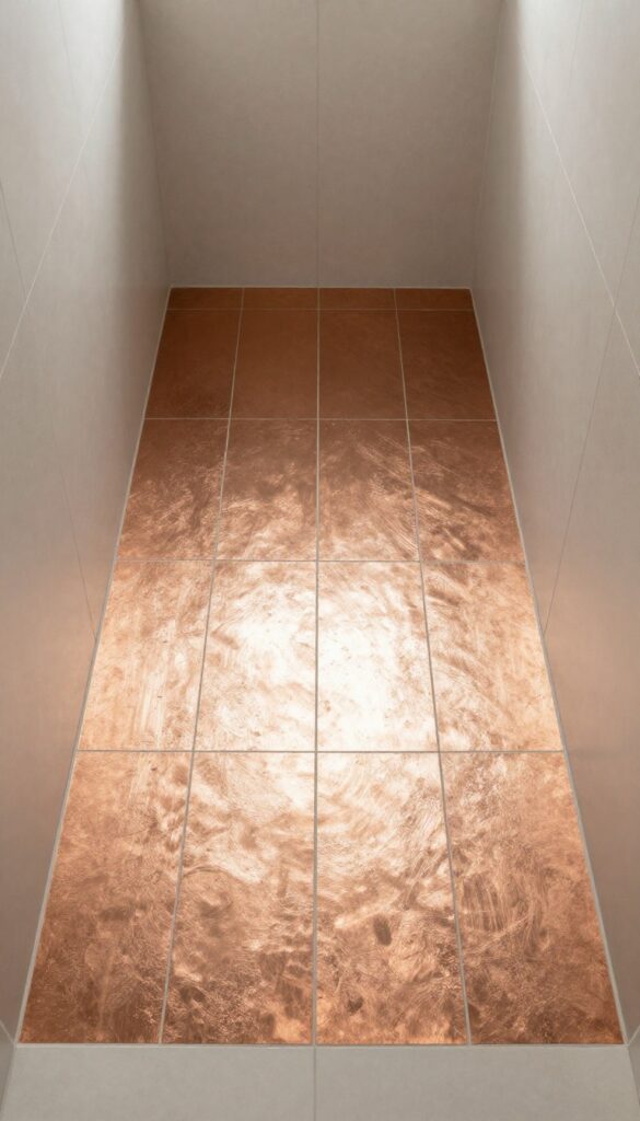 Close-up view of metallic accent tiles on a walk-in shower floor, showcasing copper tones and subtle sparkle under natural light in a clean, elegant bathroom setting.